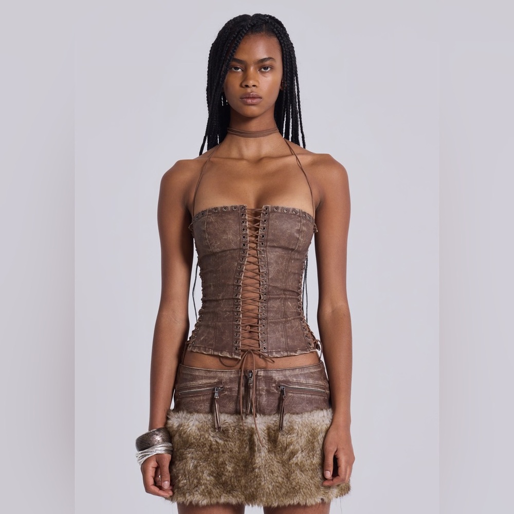 Jaded London Odile Brown Faux Leather Lace Up Corset
